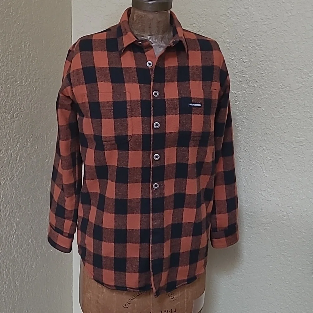 WOMENS HARLEY DAVIDSON ORANGE/BLACK PLAID FLANNEL SHIRT SIZE S
